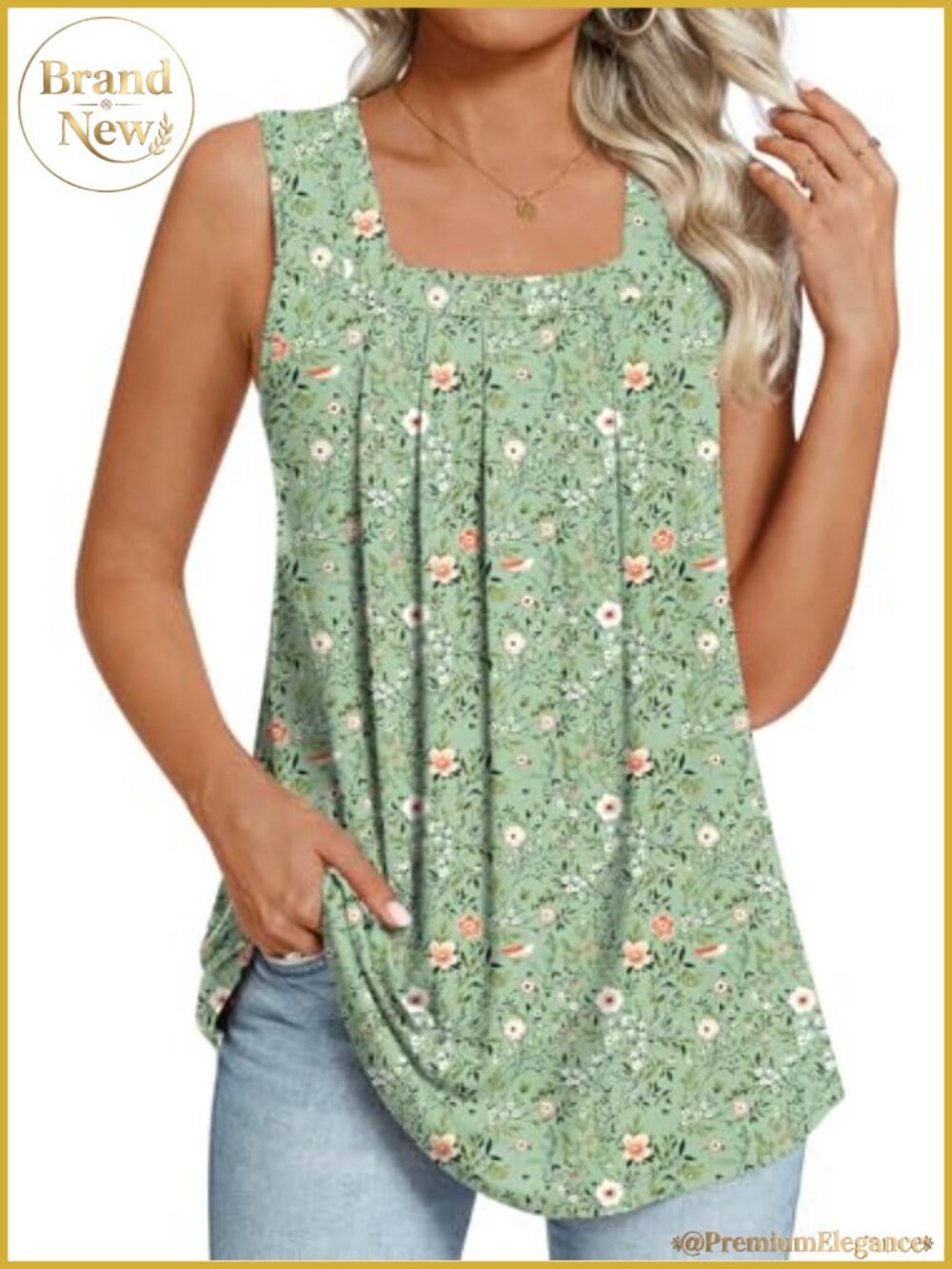 Womens Sleeveless Square Neck Floral Tunic Tank Top